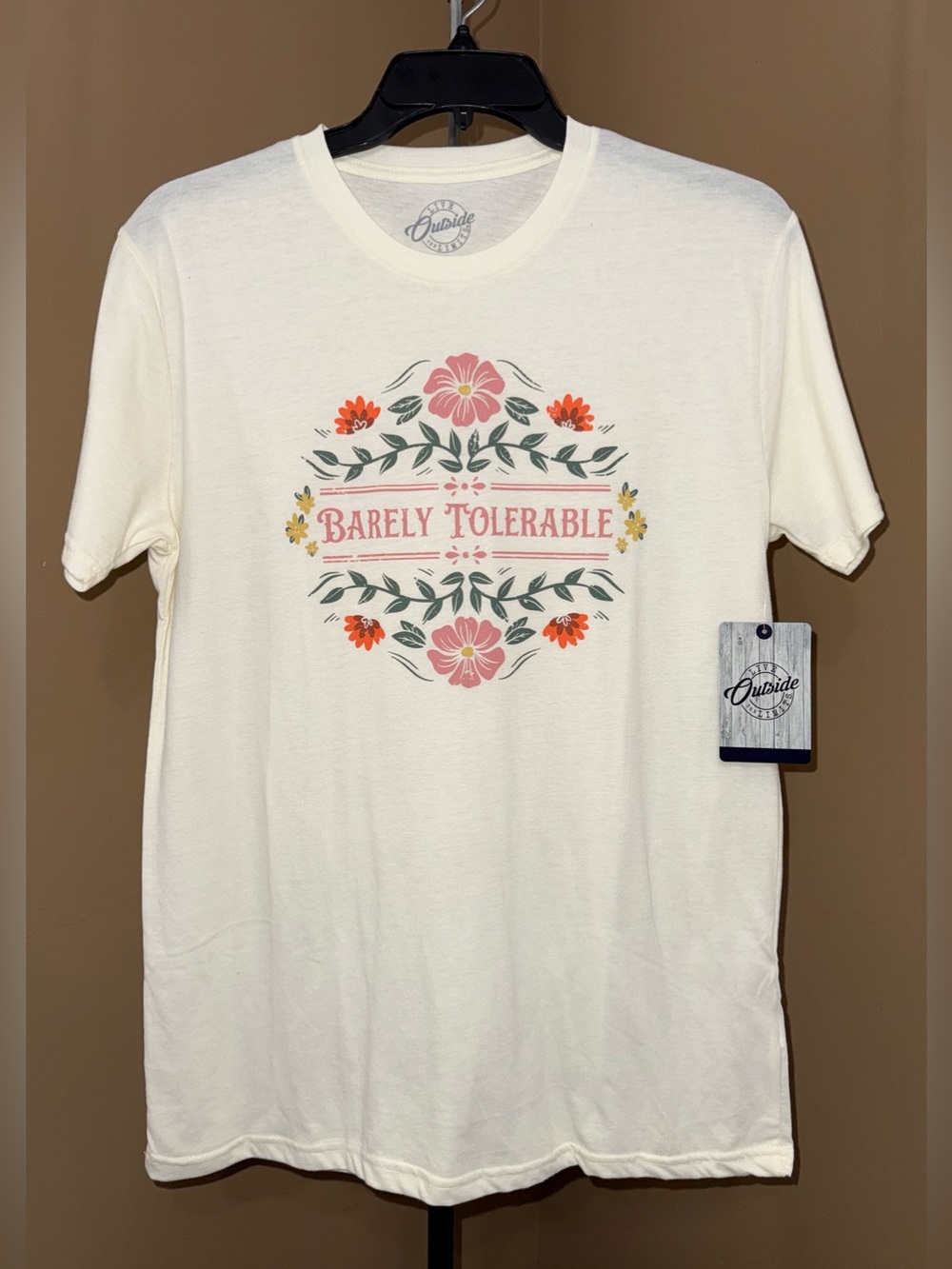 NWT BARELY TOLERABLE Floral Graphic Tee - Cream with Pink & Green. Size Large.